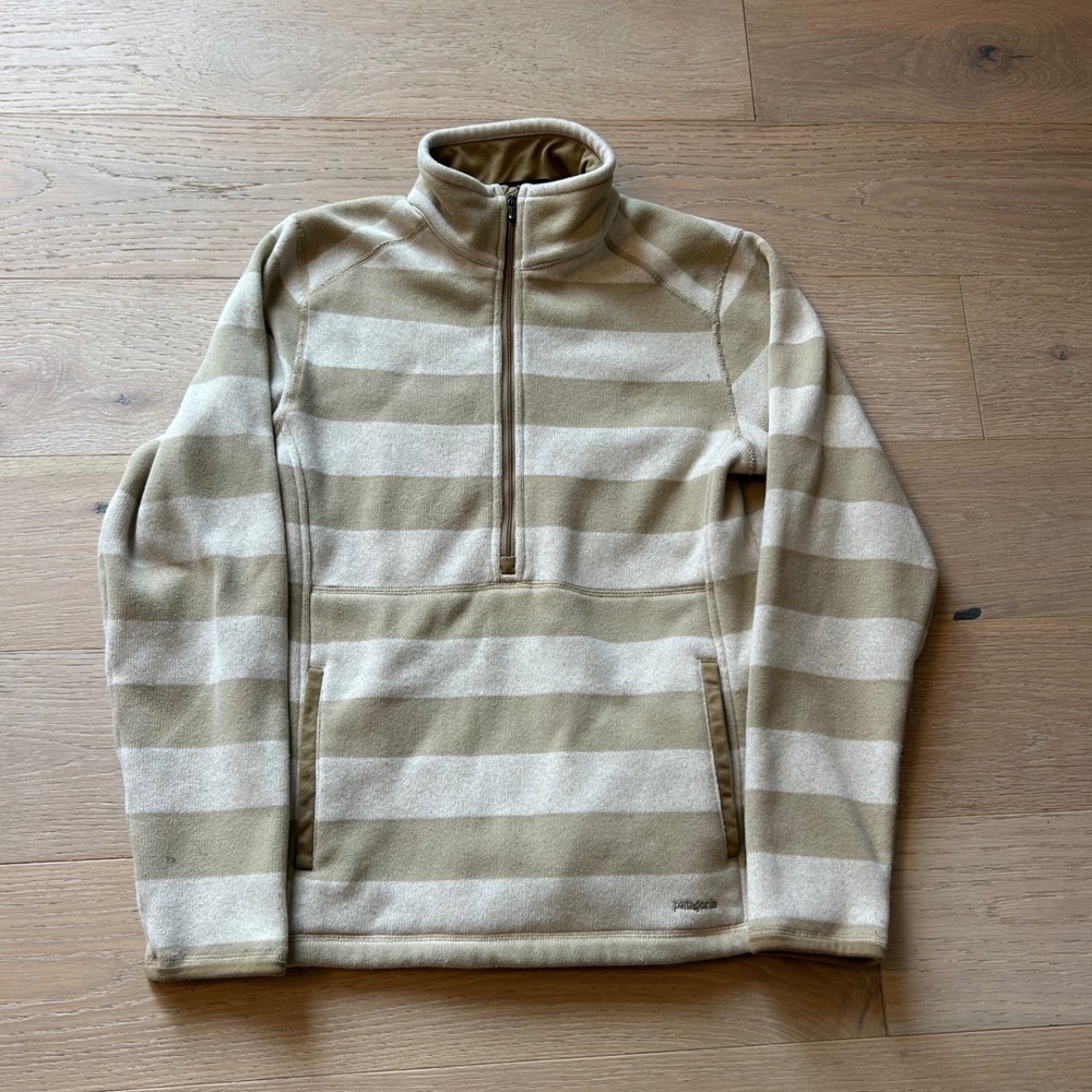Patagonia Womens Better Sweater 1/4 Zip Striped Fleece Pullover Tan Cream M